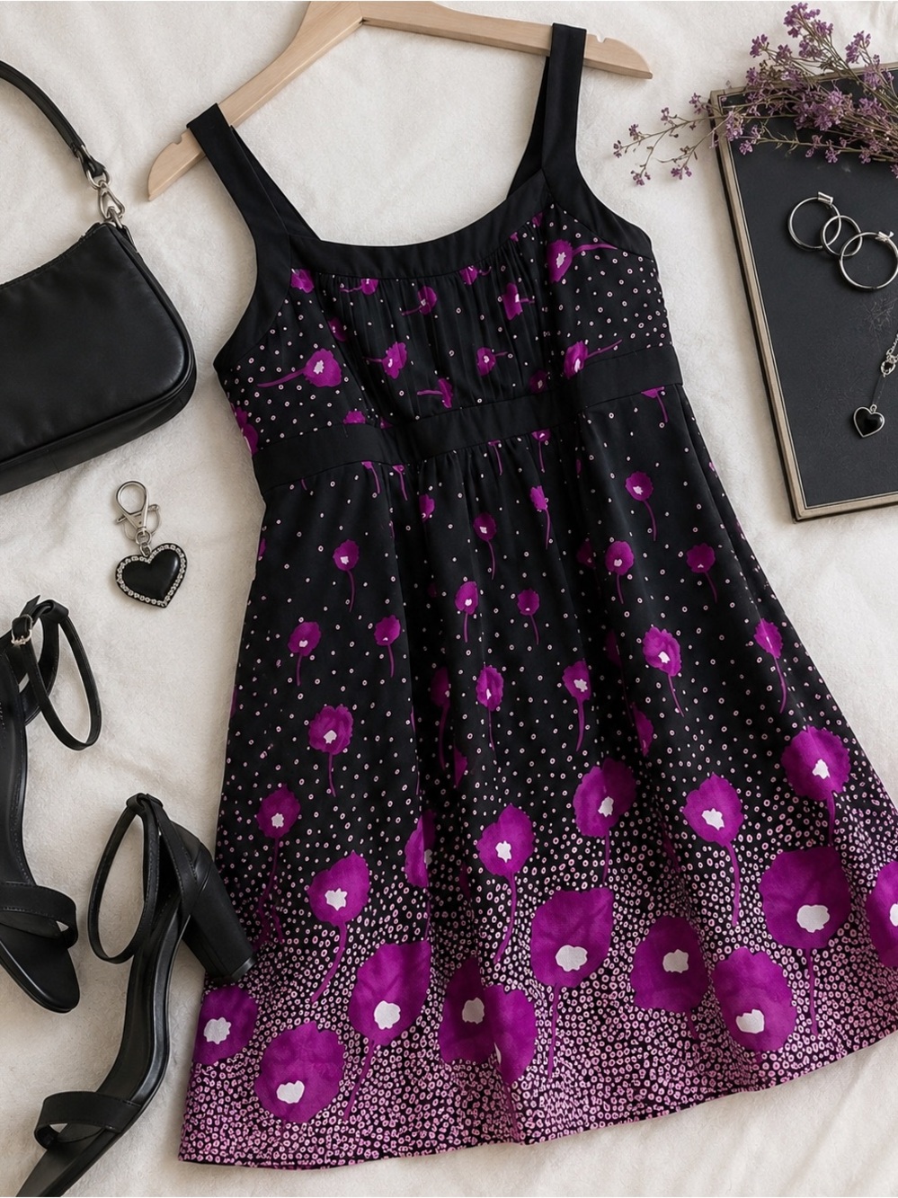 S.L. Fashions Vintage Black & Purple Floral Polka Dot Empire Waist | Dress 20W